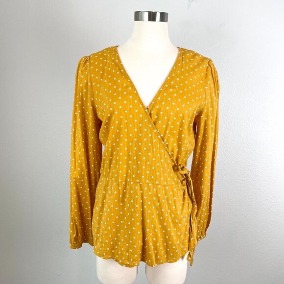 Old Navy Tops - NEW Old Navy Womens Medium Tall Yellow Polka Dot Wrap Shirt Long Sleeve Top